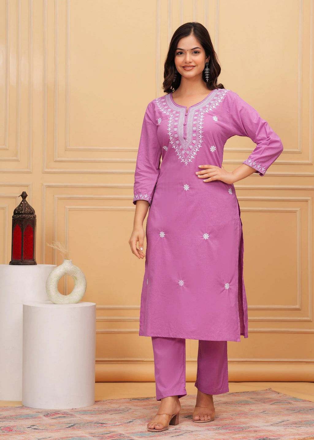 Elegant Pink Chikankari Kurta Pant Set with Floral Embroidered Dupatta