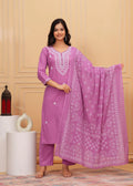 Elegant Pink Chikankari Kurta Pant Set with Floral Embroidered Dupatta