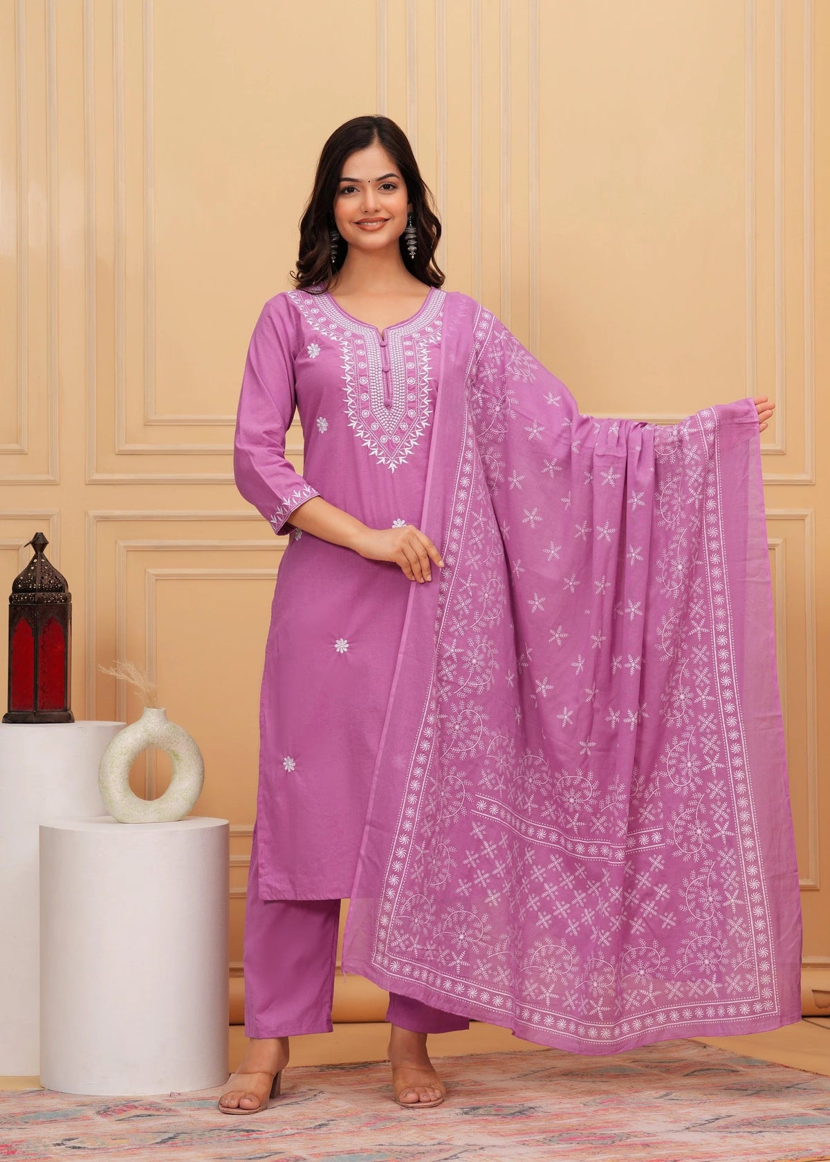 Elegant Pink Chikankari Kurta Pant Set with Floral Embroidered Dupatta