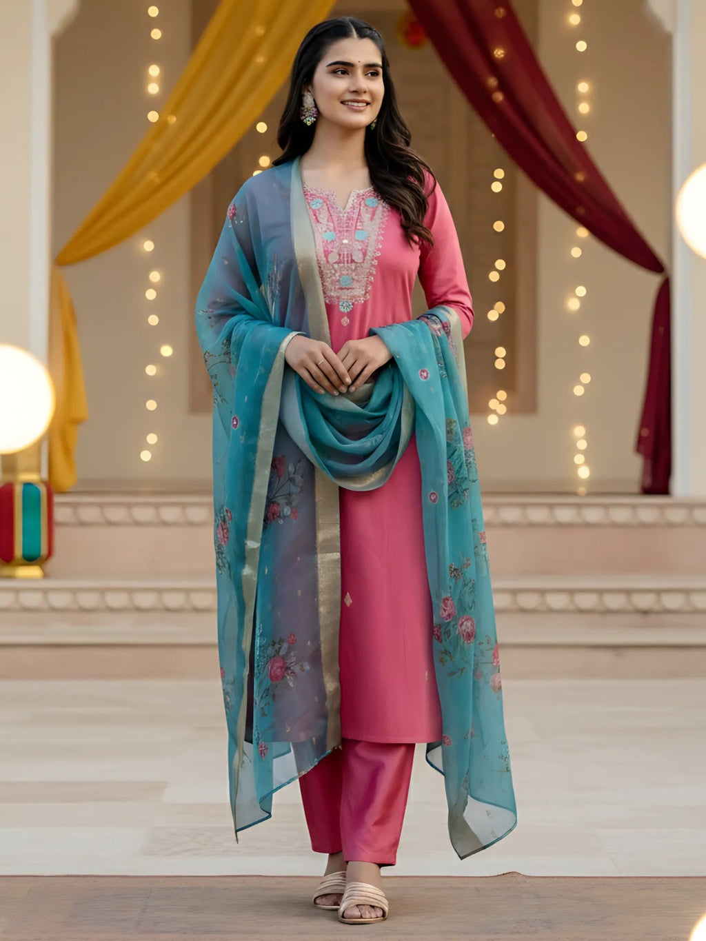 Pink Viscose Embroidered Straight Kurta With Viscose Silk Pant & Jacquard Dupatta Set