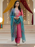 Pink Viscose Embroidered Straight Kurta With Viscose Silk Pant & Jacquard Dupatta Set