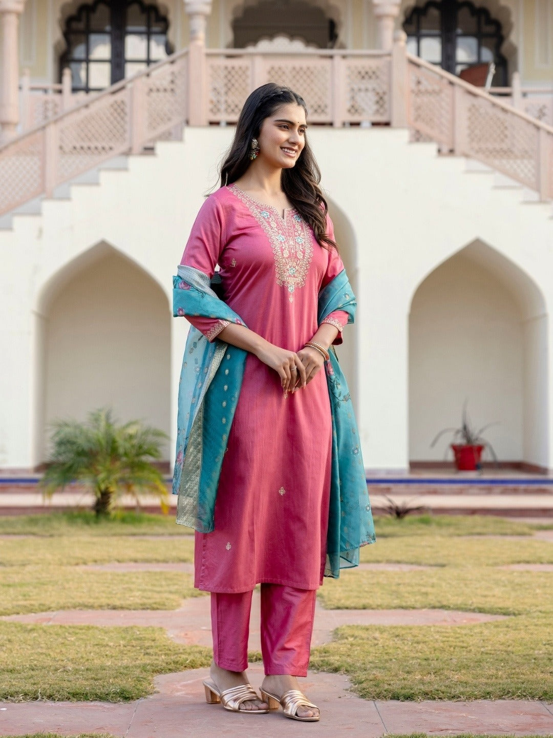 Pink Viscose Embroidered Straight Kurta With Viscose Silk Pant & Jacquard Dupatta Set