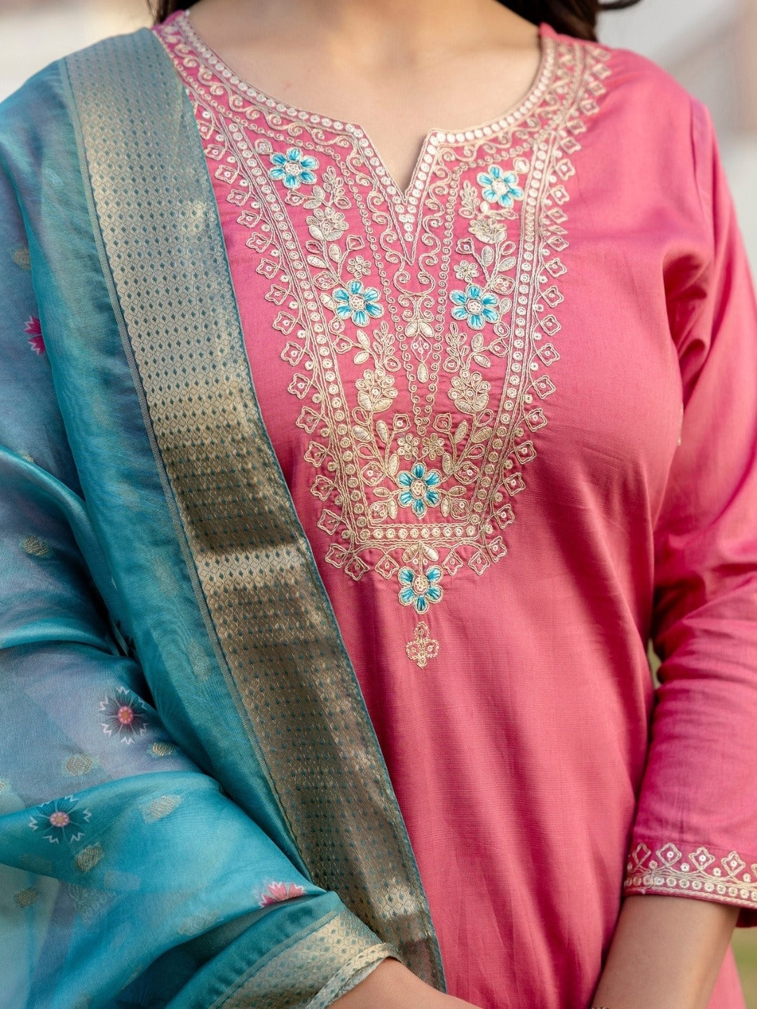 Pink Viscose Embroidered Straight Kurta With Viscose Silk Pant & Jacquard Dupatta Set