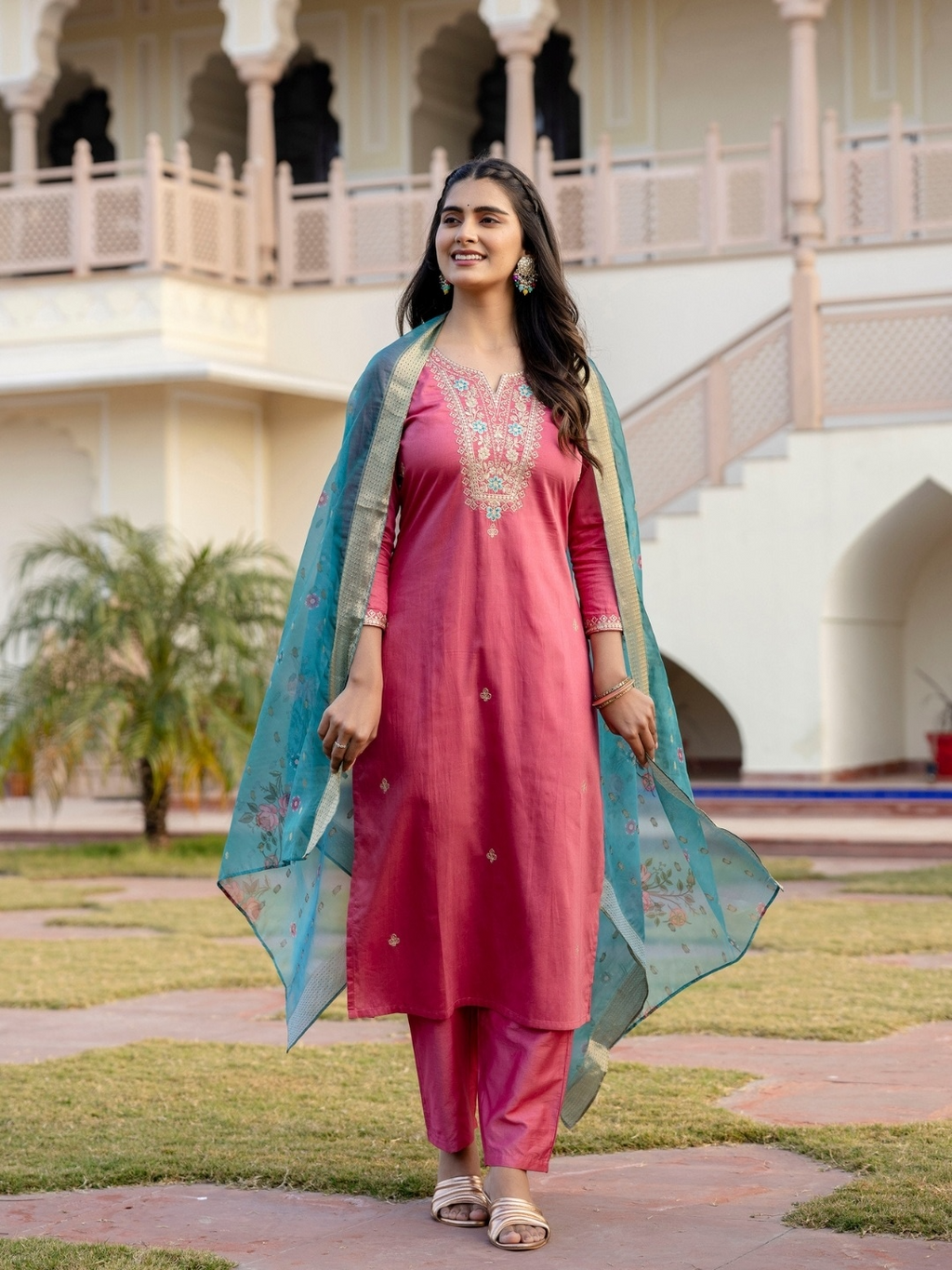 Pink Viscose Embroidered Straight Kurta With Viscose Silk Pant & Jacquard Dupatta Set