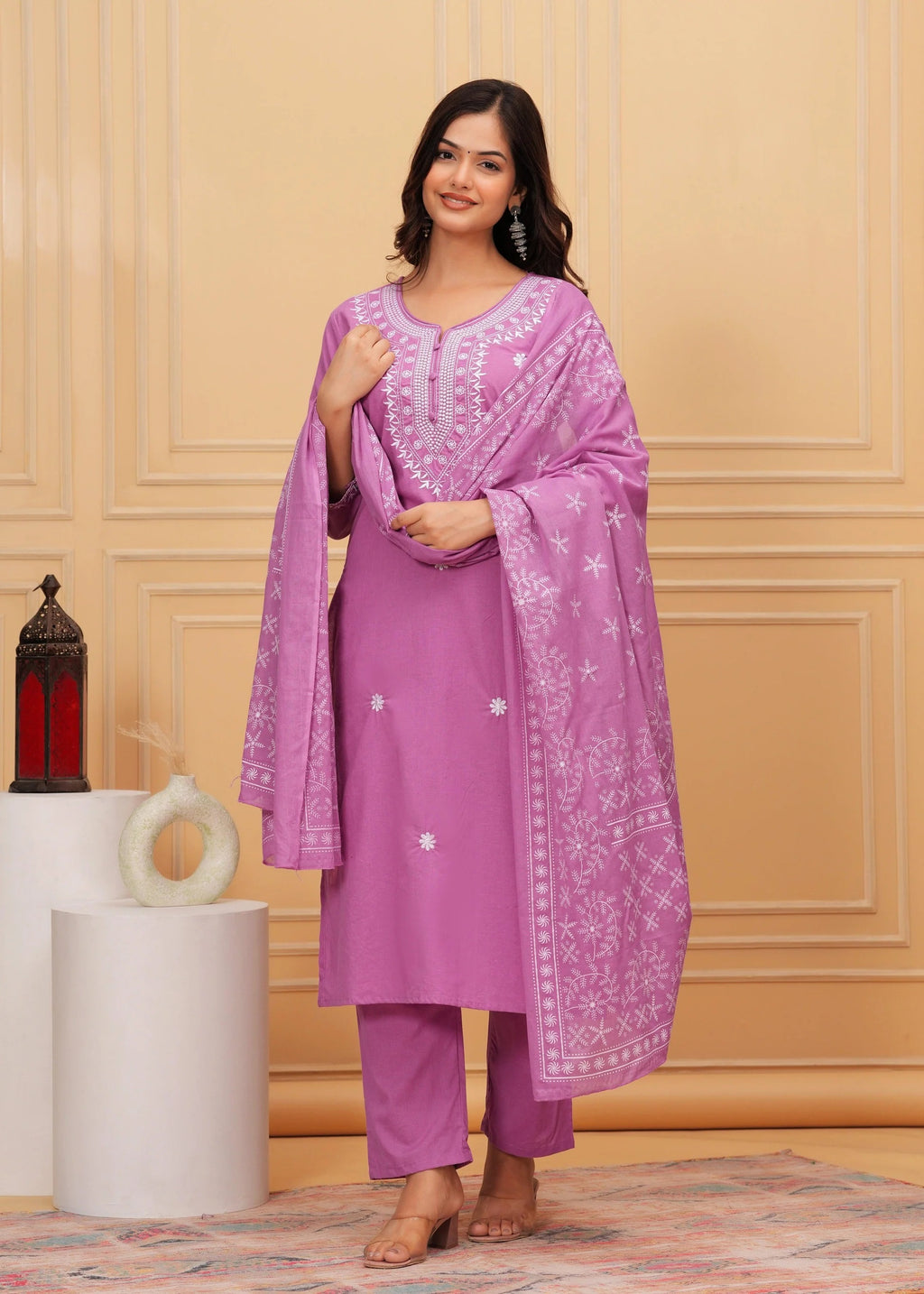 Elegant Pink Chikankari Kurta Pant Set with Floral Embroidered Dupatta