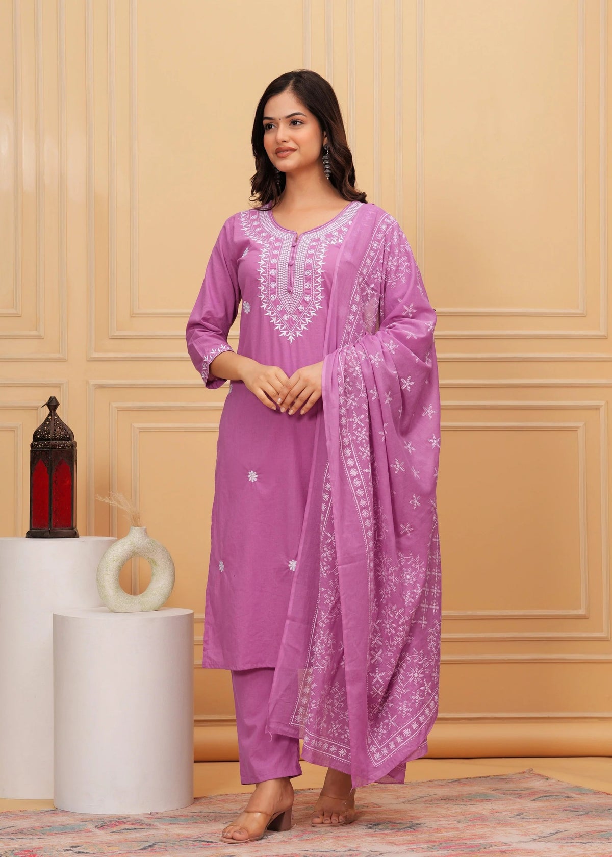 Elegant Pink Chikankari Kurta Pant Set with Floral Embroidered Dupatta