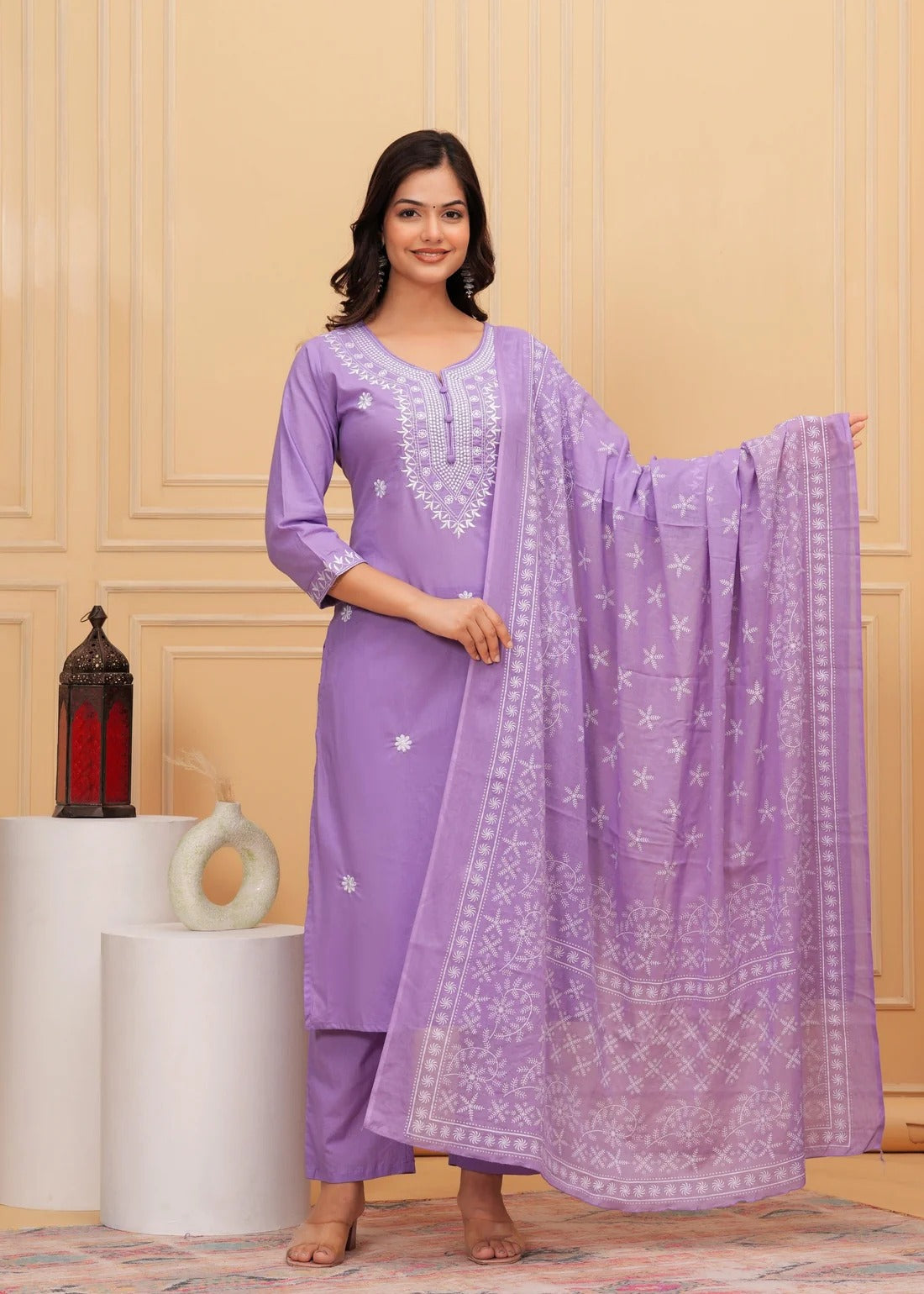 Graceful Lavender Chikankari Kurta Set with Embroidered Dupatta