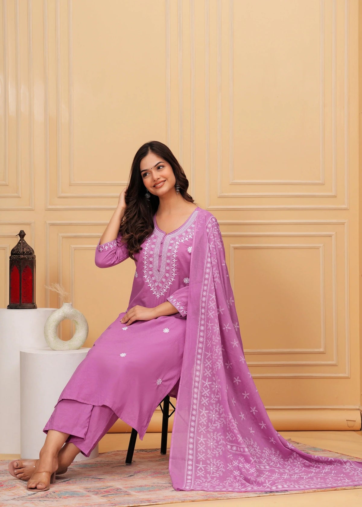 Elegant Pink Chikankari Kurta Pant Set with Floral Embroidered Dupatta