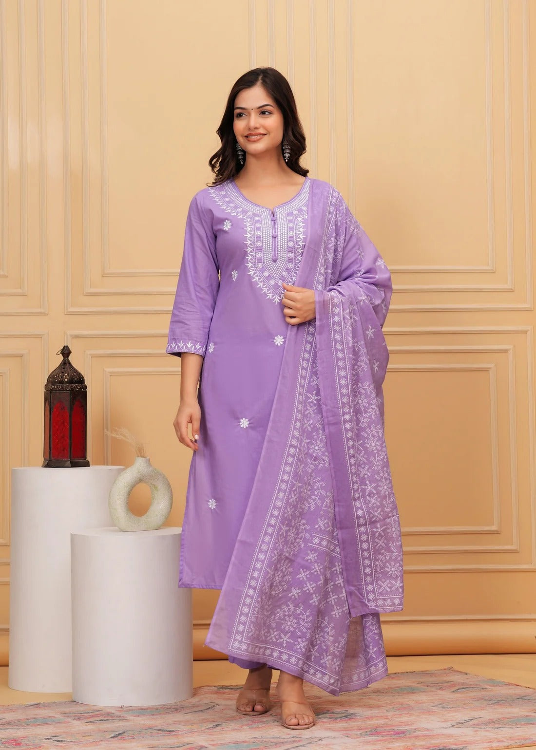 Graceful Lavender Chikankari Kurta Set with Embroidered Dupatta