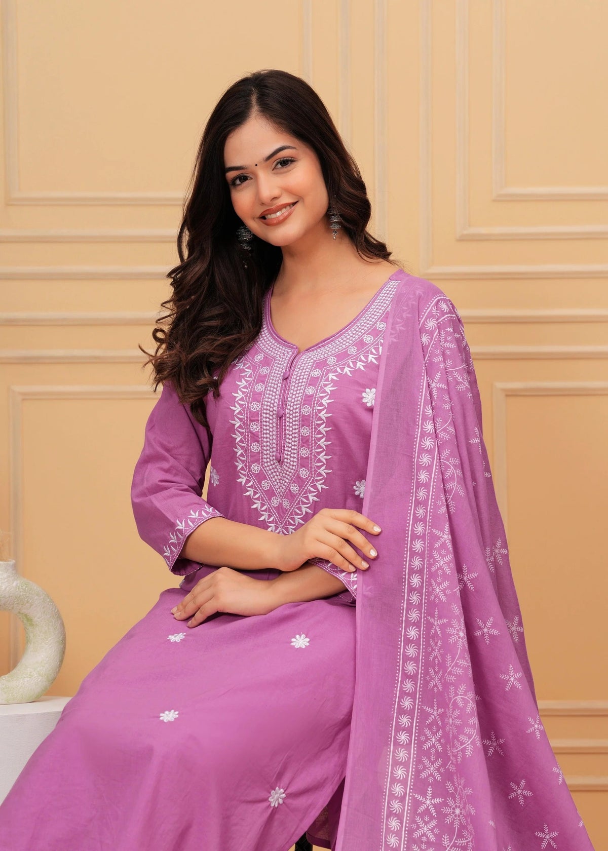 Elegant Pink Chikankari Kurta Pant Set with Floral Embroidered Dupatta