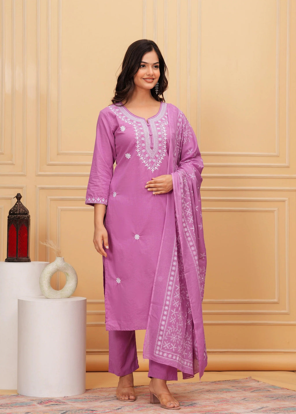 Elegant Pink Chikankari Kurta Pant Set with Floral Embroidered Dupatta
