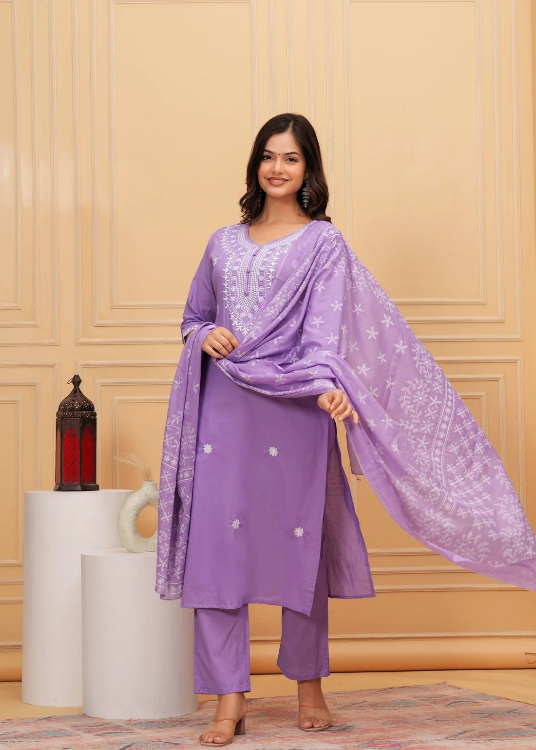 Graceful Lavender Chikankari Kurta Set with Embroidered Dupatta