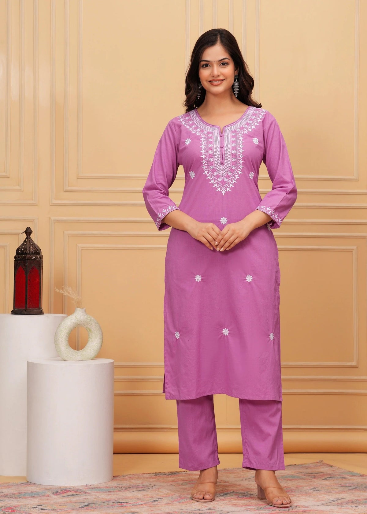 Elegant Pink Chikankari Kurta Pant Set with Floral Embroidered Dupatta