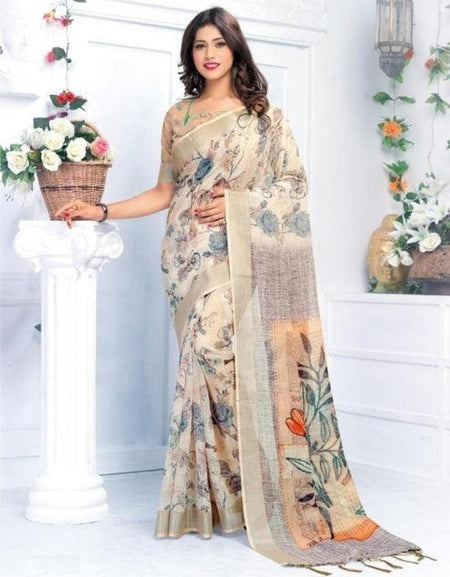 Pure linen saree in Beige, printed festive wear