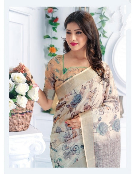 Pure linen saree in Beige, printed festive wear