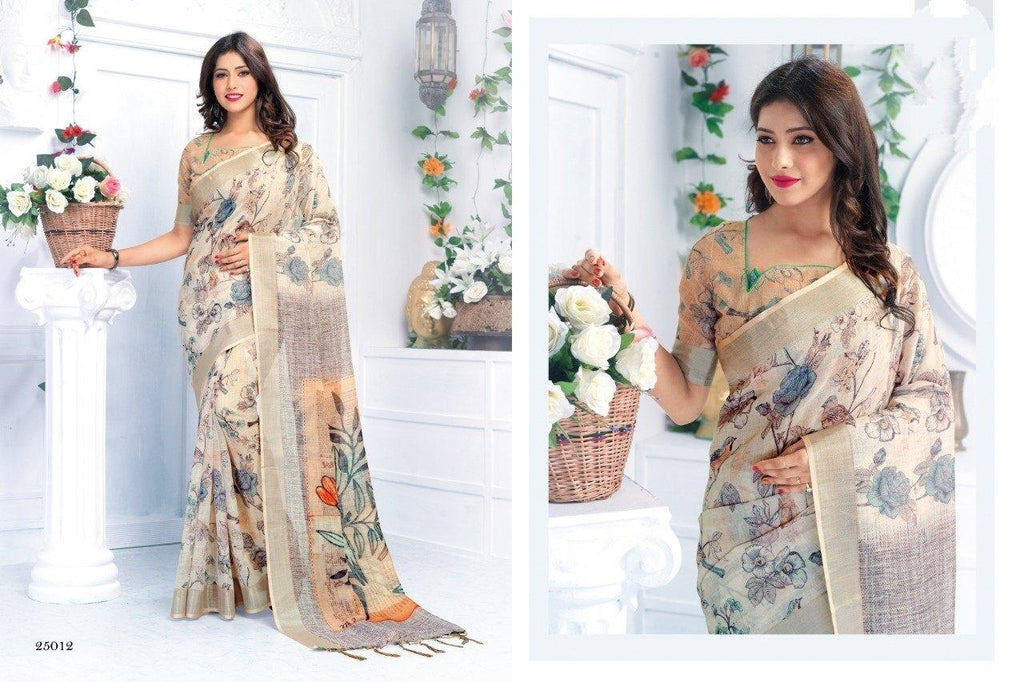Pure linen saree in Beige, printed festive wear