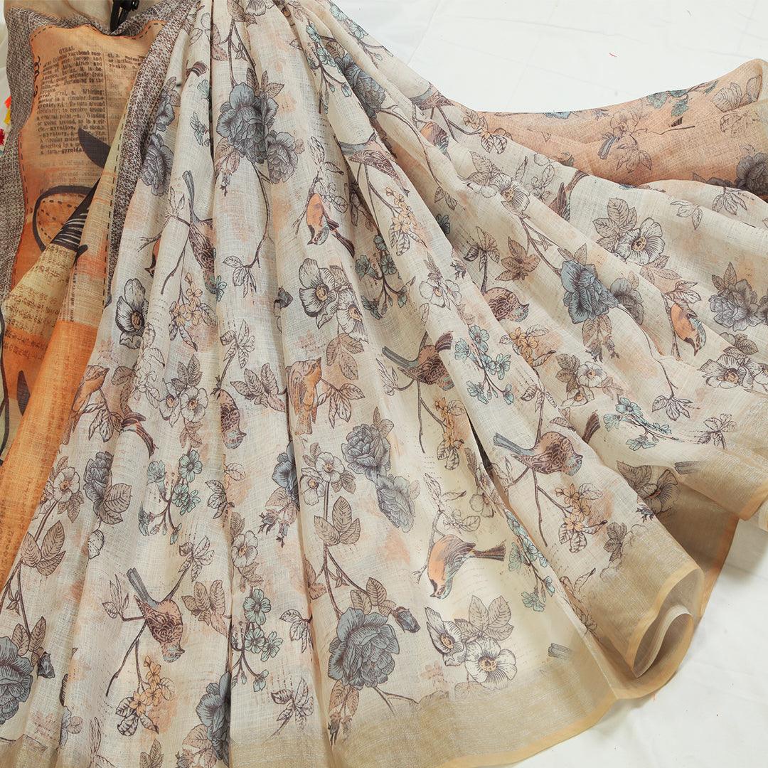Pure linen saree in Beige, printed festive wear