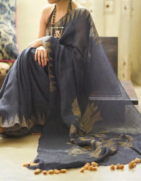 Pure linen saree in  dark Grey designer wear