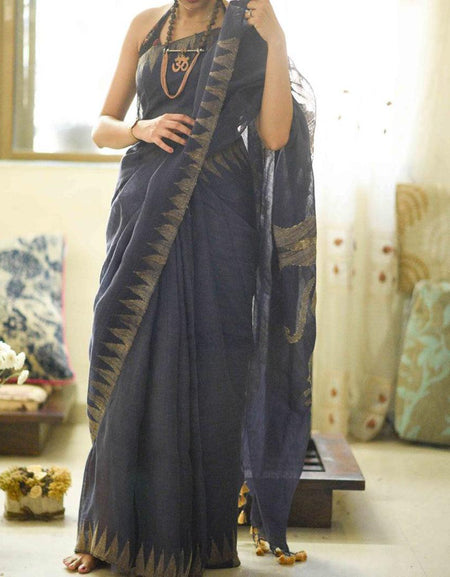 Pure linen saree in  dark Grey designer wear