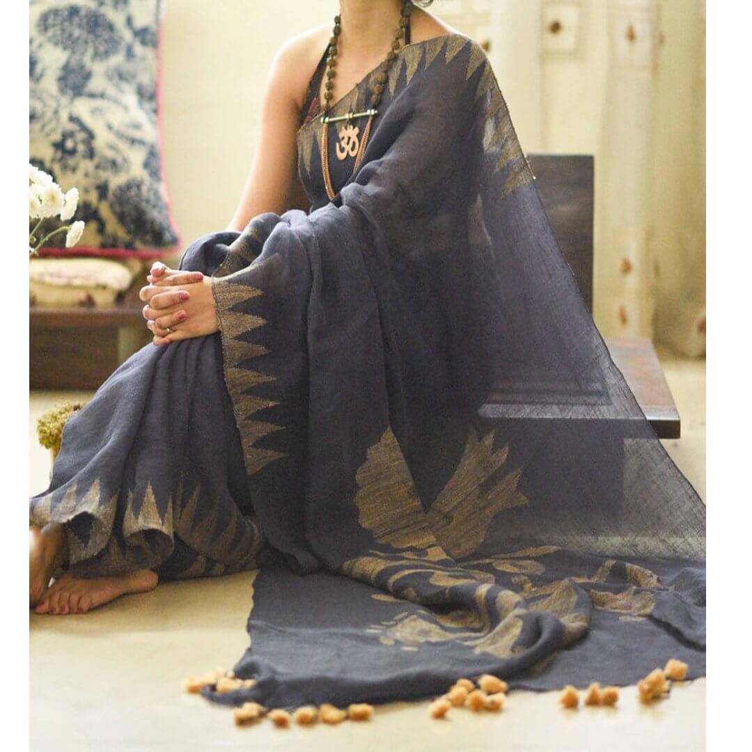 Pure linen saree in  dark Grey designer wear
