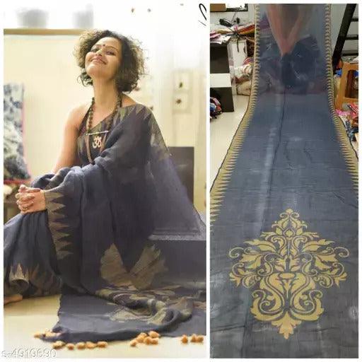 Pure linen saree in  dark Grey designer wear