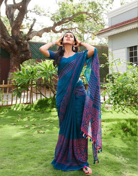 Pure linen saree in hues of blue colour