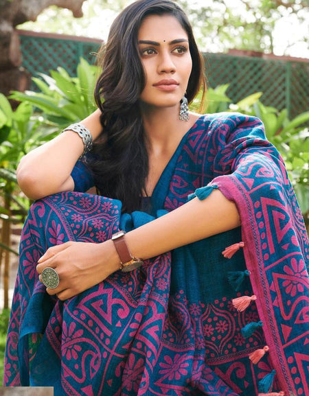 Pure linen saree in hues of blue colour