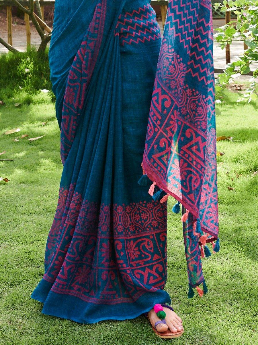 Pure linen saree in hues of blue colour