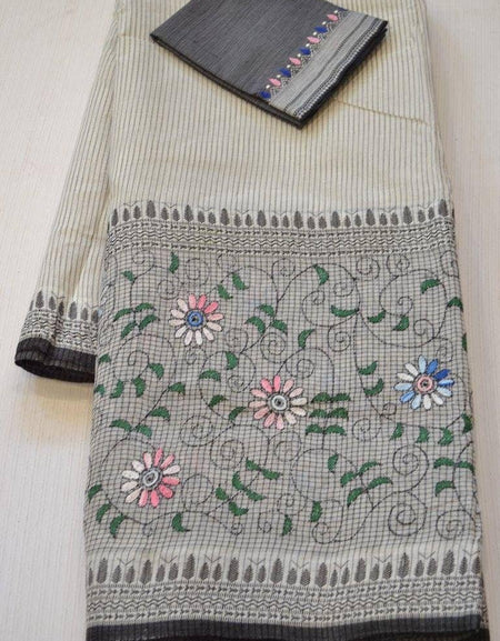 Pure linen saree printed in Light grey, marvellous festive wear