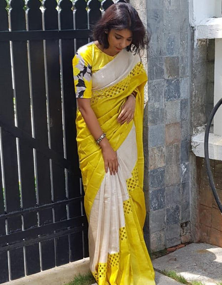 pure silk printed glorious white and yellow saree, designer wear