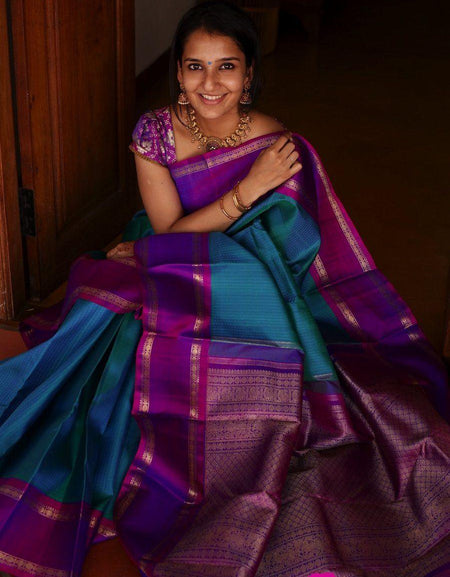 Pure soft silk stunning Blue and dark wine saree, daily wear