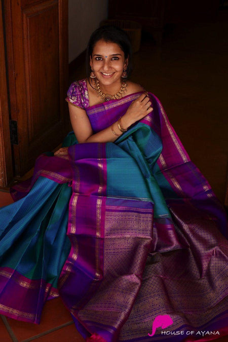 Pure soft silk stunning Blue and dark wine saree, daily wear
