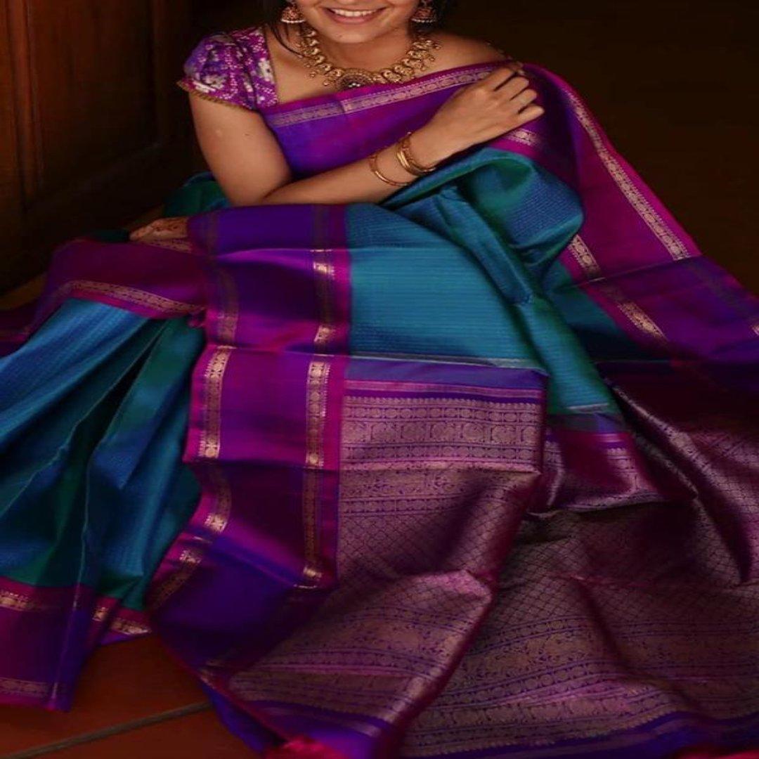 Pure soft silk stunning Blue and dark wine saree, daily wear